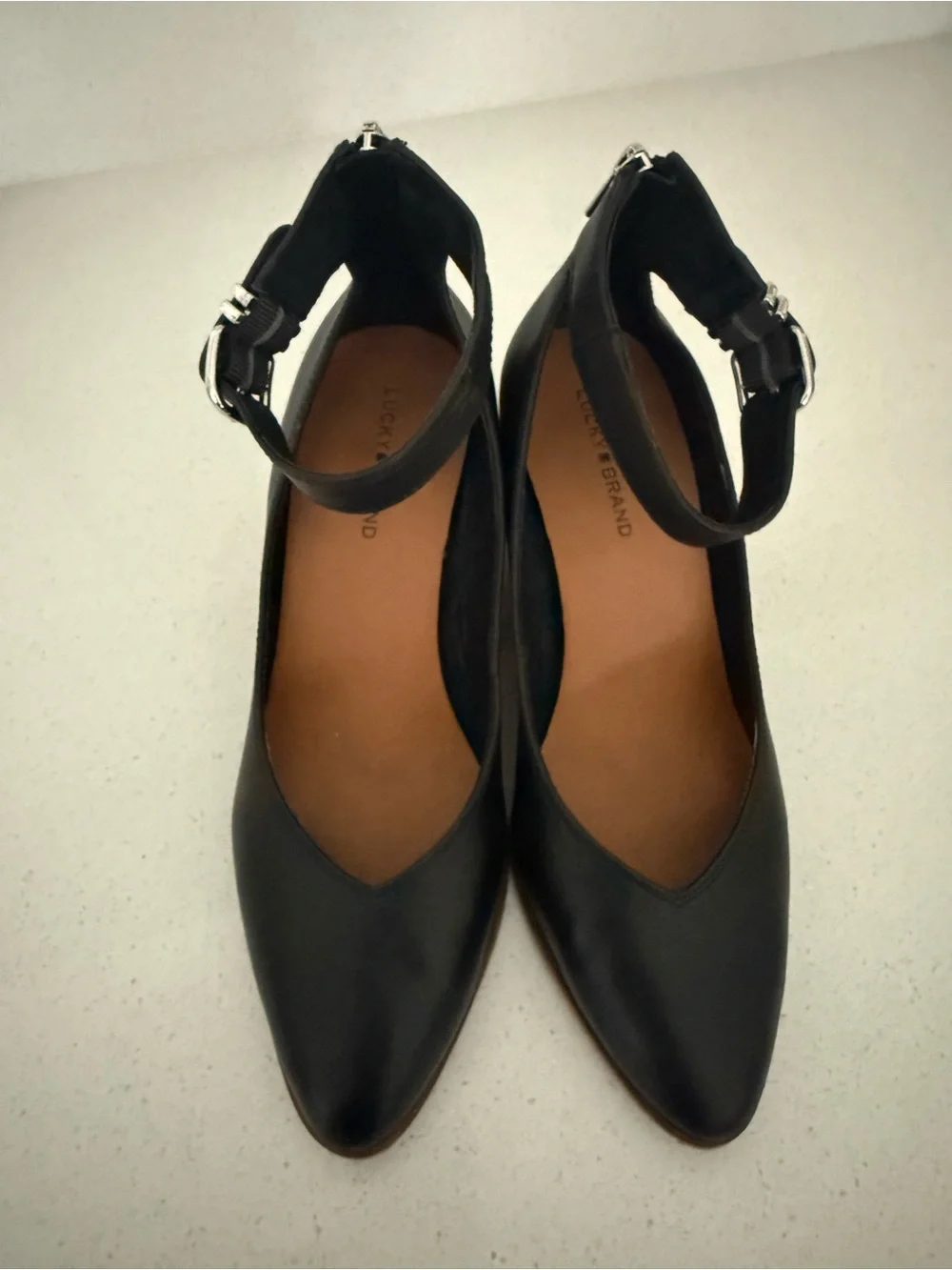 Lucky Brand Black Pointed Ankle-Strap Heels. Genuine Leather